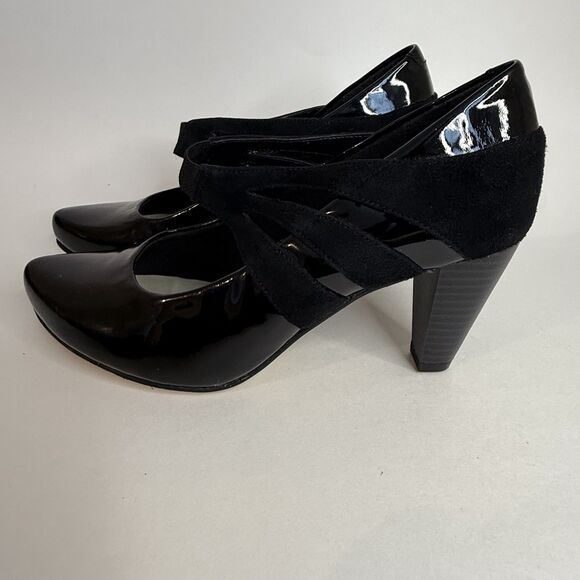 Clarks Womens Black Patent Leather Suede Slip On Heels Sz UK 4 US 6 Cushion Soft - Picture 4 of 8